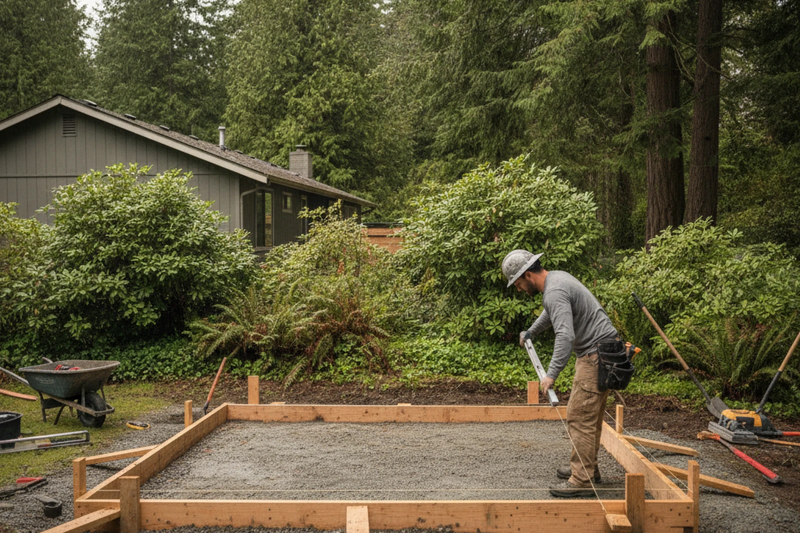 Drainage-aware concrete pour process Redmond Washington King County Pacific Northwest forms pitch residential patio Eastside Kevin
