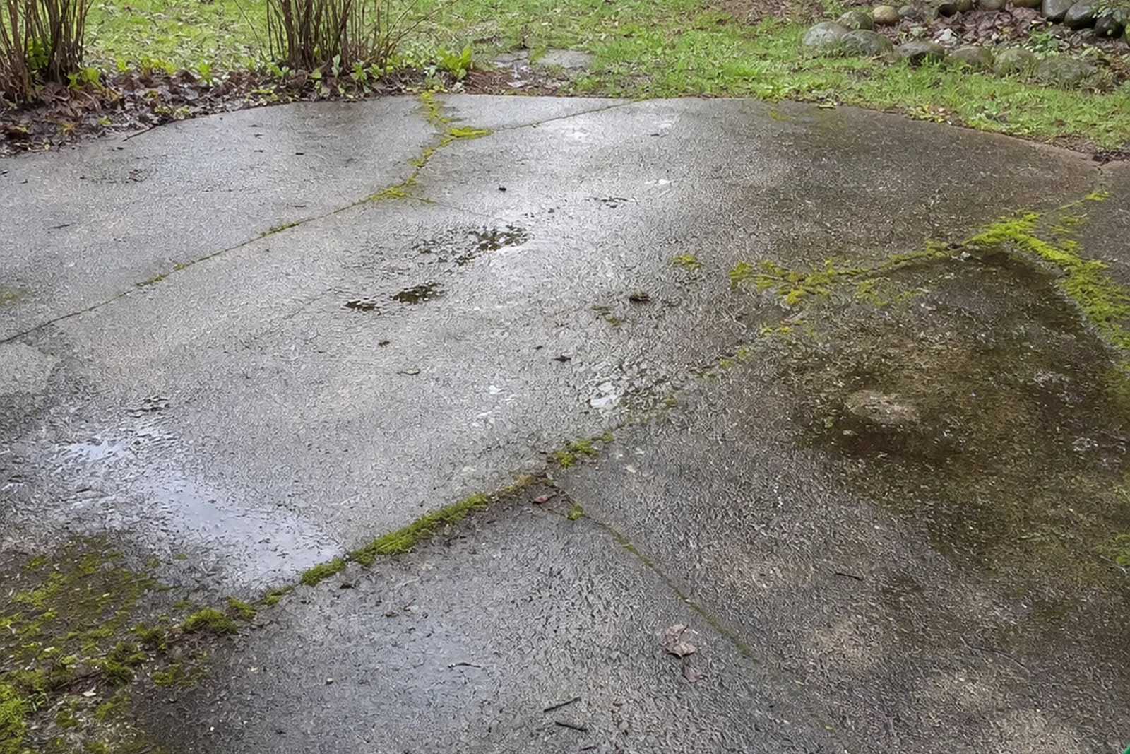 Mossy damp concrete patio before replacement Redmond Washington King County shaded Pacific Northwest drainage issue