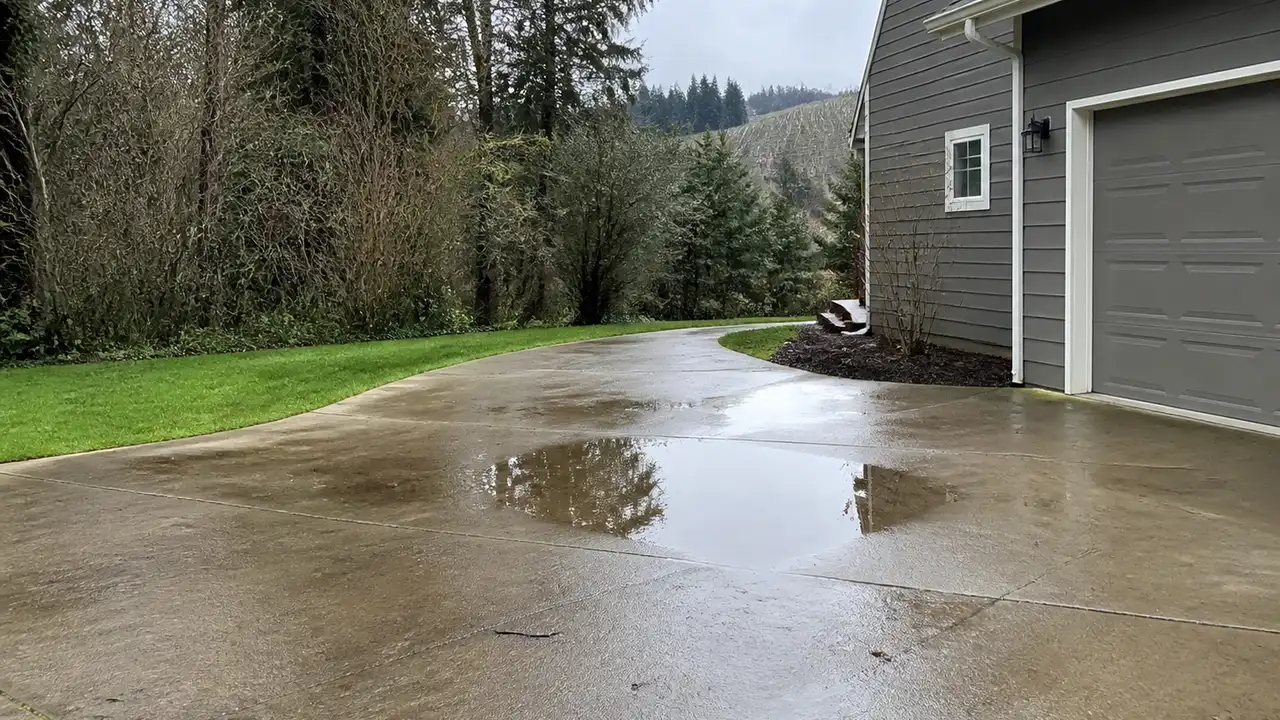 Illustrative view of a concrete driveway with a low spot holding water in a Woodinville-style residential setting.